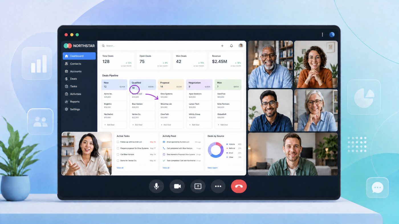 A client CRM dashboard carrying an agency's own branding, shown alongside a video call with the client team.
